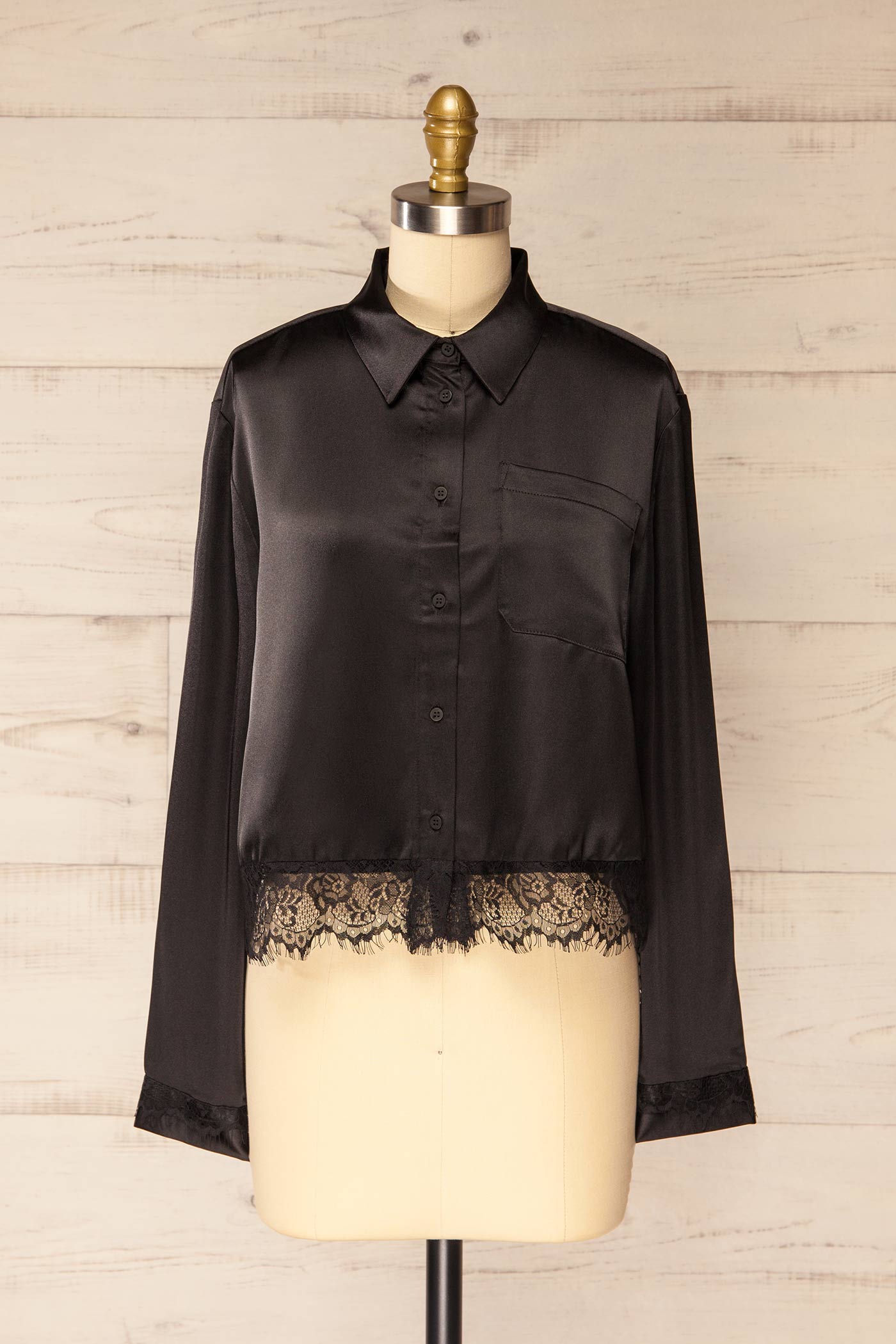 Baramula Black Satin Cropped Shirt with Lace | La petite garçonne front