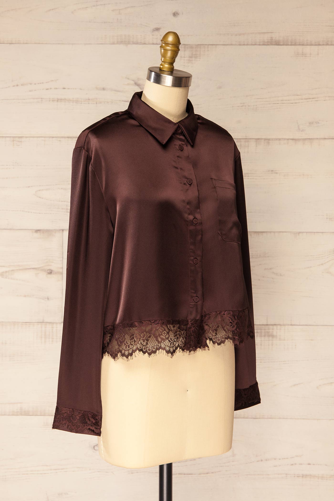 Baramula Brown Satin Cropped Shirt with Lace | La petite garçonne side