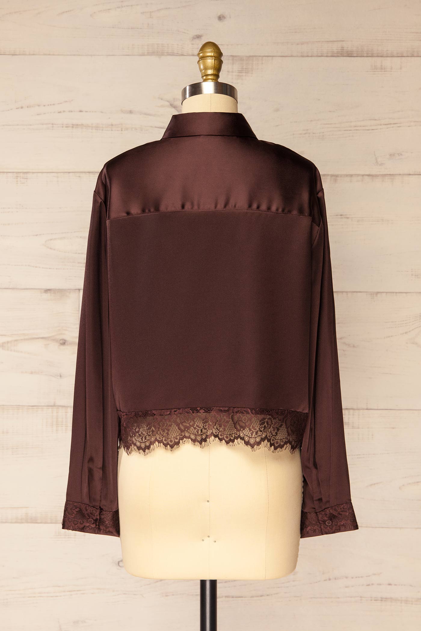 Baramula Brown Satin Cropped Shirt with Lace | La petite garçonne back