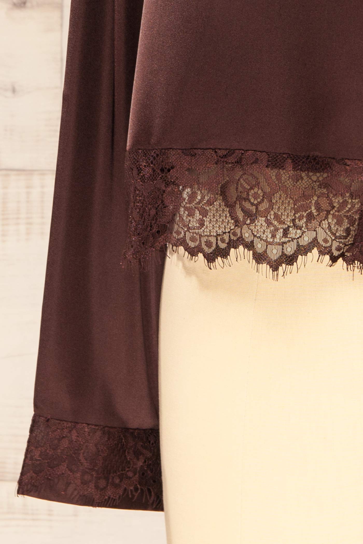 Baramula Brown Satin Cropped Shirt with Lace | La petite garçonne fabric 