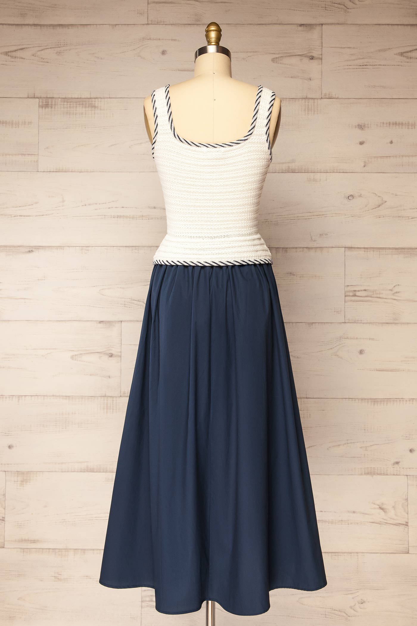 Backview Barauni  Navy Blue Maxi Dress in White Knit Top at la petite garçonne