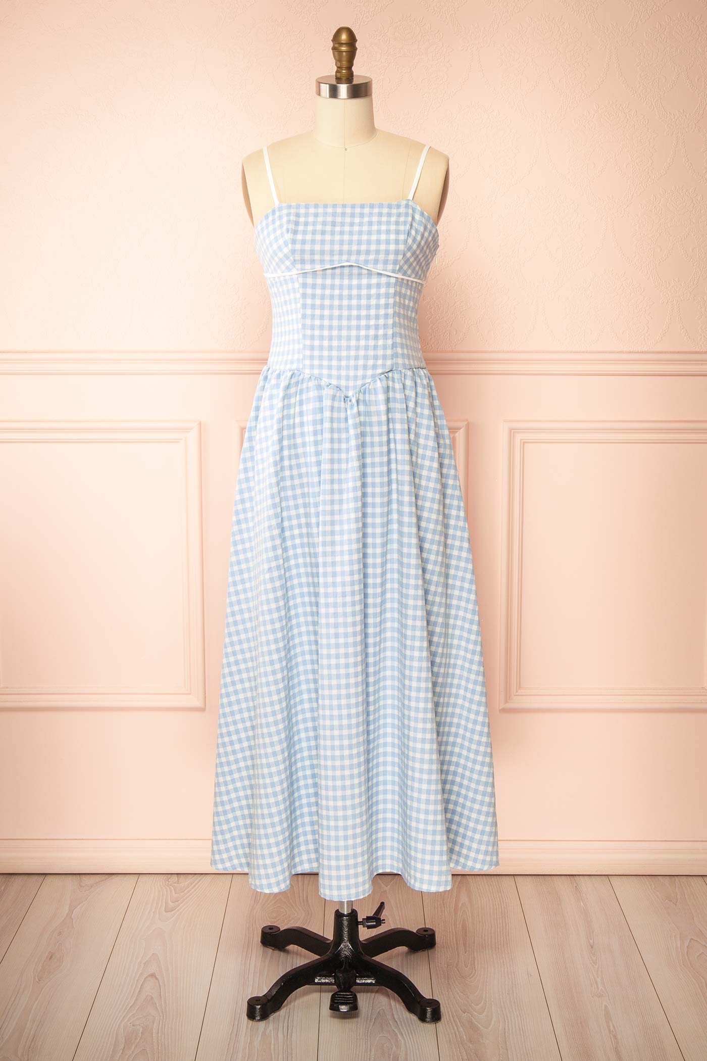 Barley | Blue Gingham Open Back Maxi Dress with Bow Detail