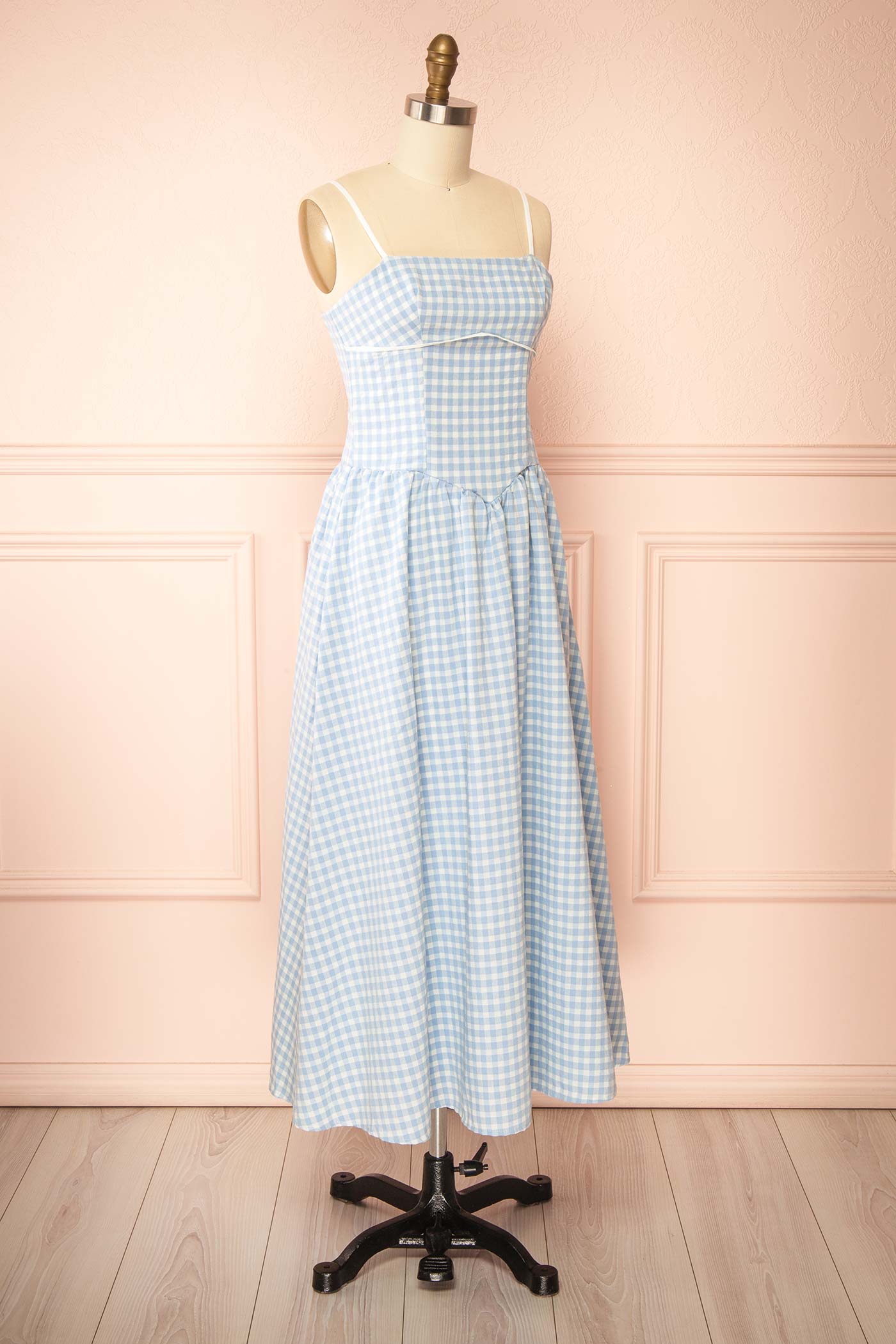 Barley | Blue Gingham Open Back Maxi Dress with Bow Detail