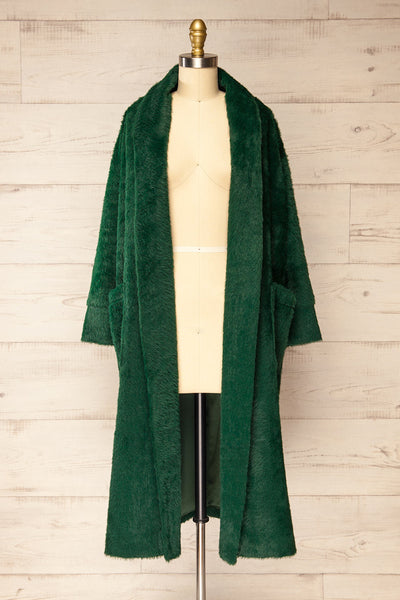 Bartin Green Open-Front Faux Fur Coat | La petite garçonne front view