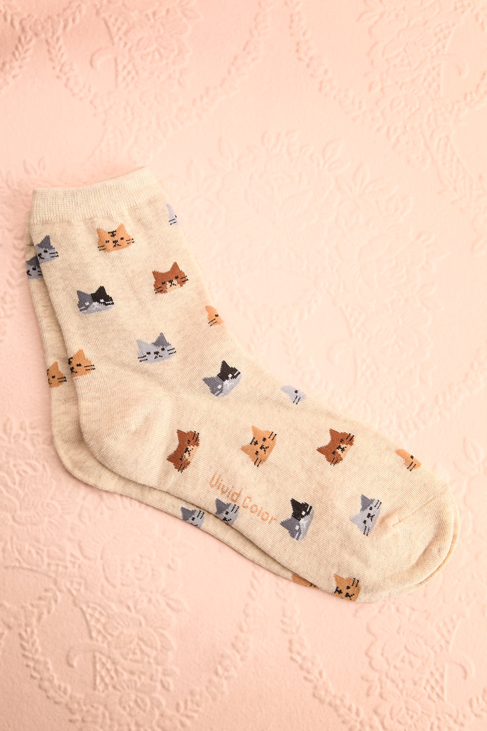 Basel Beige Cat Print Crew Socks | Boutique 1861