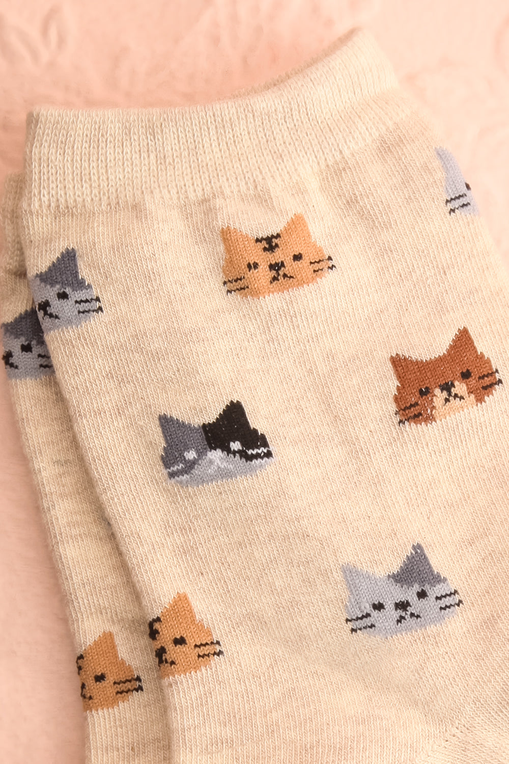 Basel Beige Cat Print Crew Socks | Boutique 1861 close-up