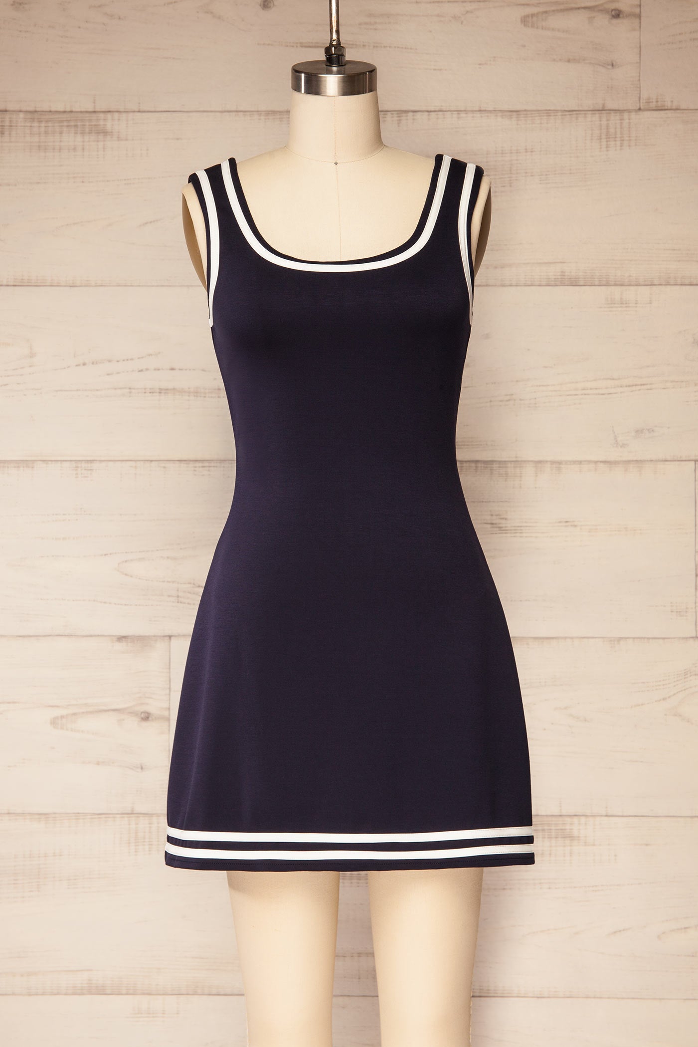 Front view Batala Navy Contrast Trim Mini Dress with Built-In Shorts at la petite garçonne