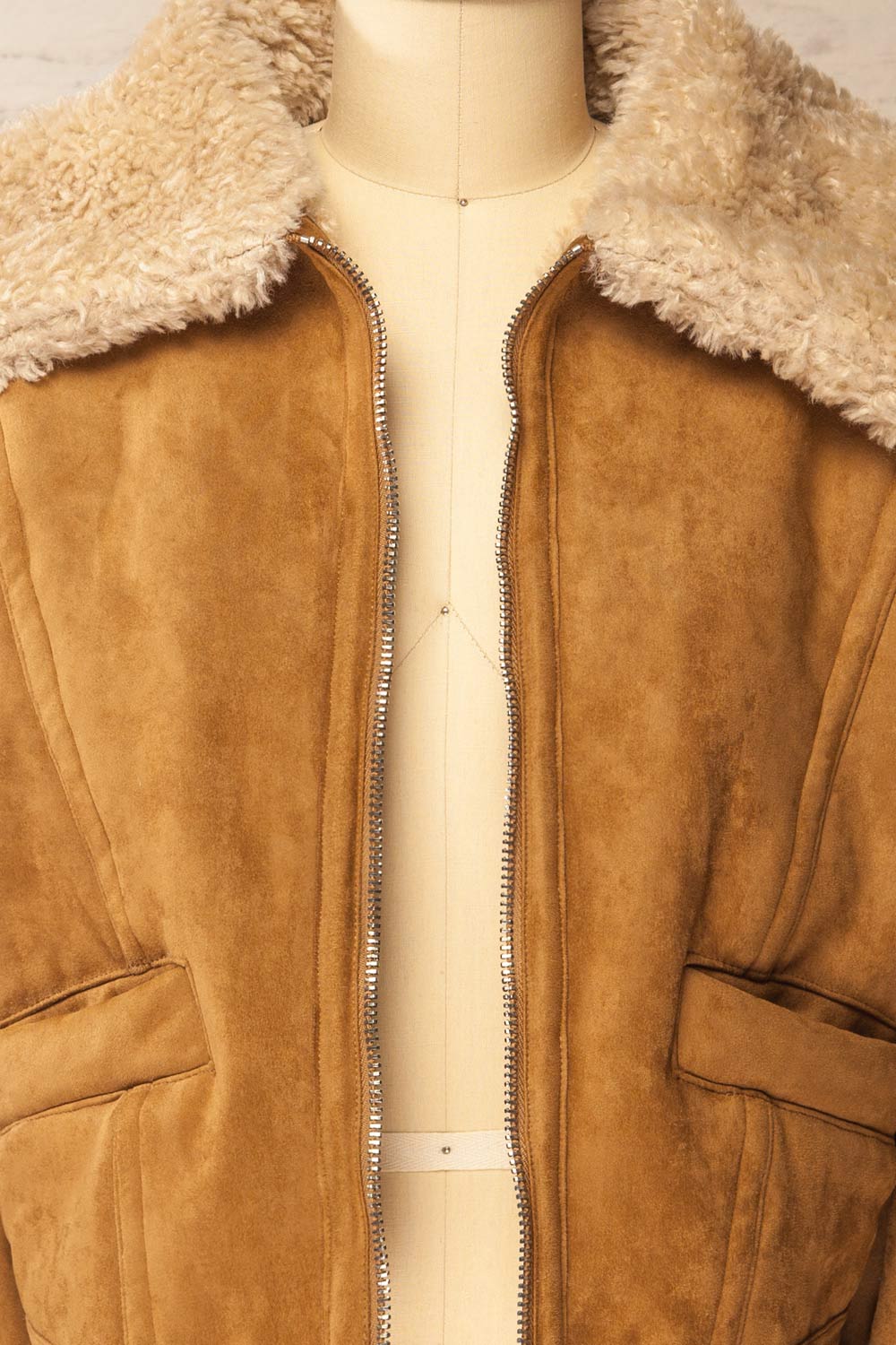 Bathrust Faux Suede Caramel Jacket with Sherpa Lining | La petite garçonne open 
