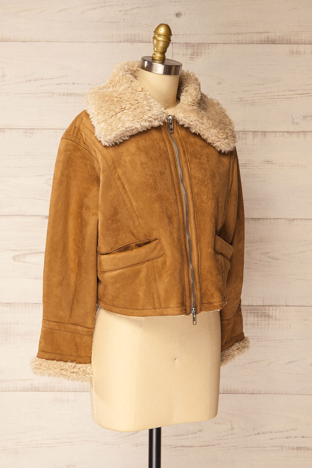 Bathrust Faux Suede Caramel Jacket with Sherpa Lining | La petite garçonne side view