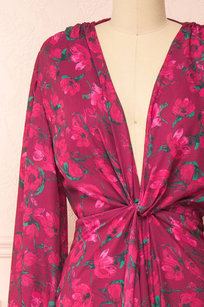 Batiya Floral Knot Front Burgundy Maxi Dress | Boutique 1861 front close-up
