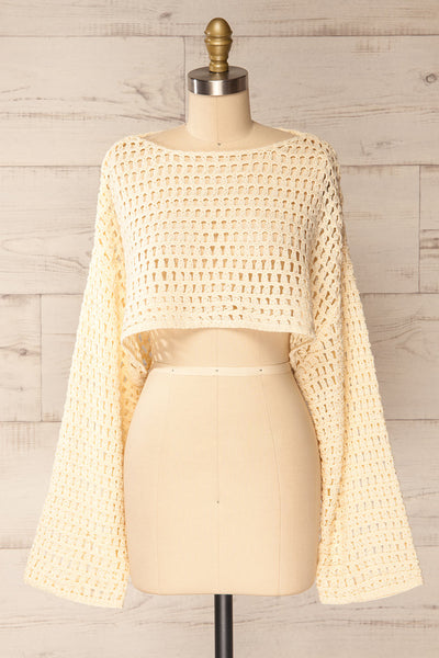 Bayonne Cream Crochet Crop Top w/ Long Sleeves | La petite garçonne front view