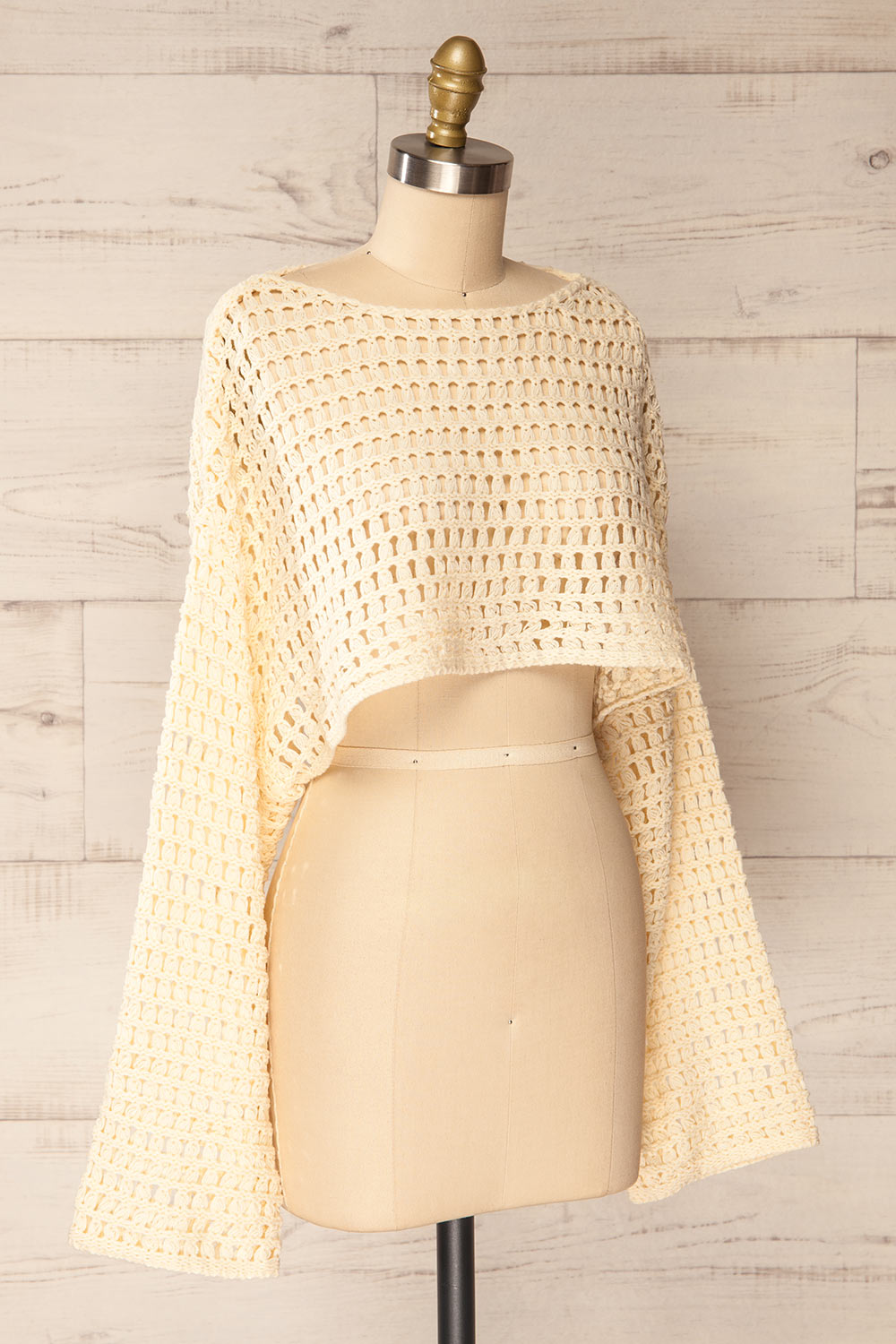 Petite Cream Crochet Long Sleeve Crop Top