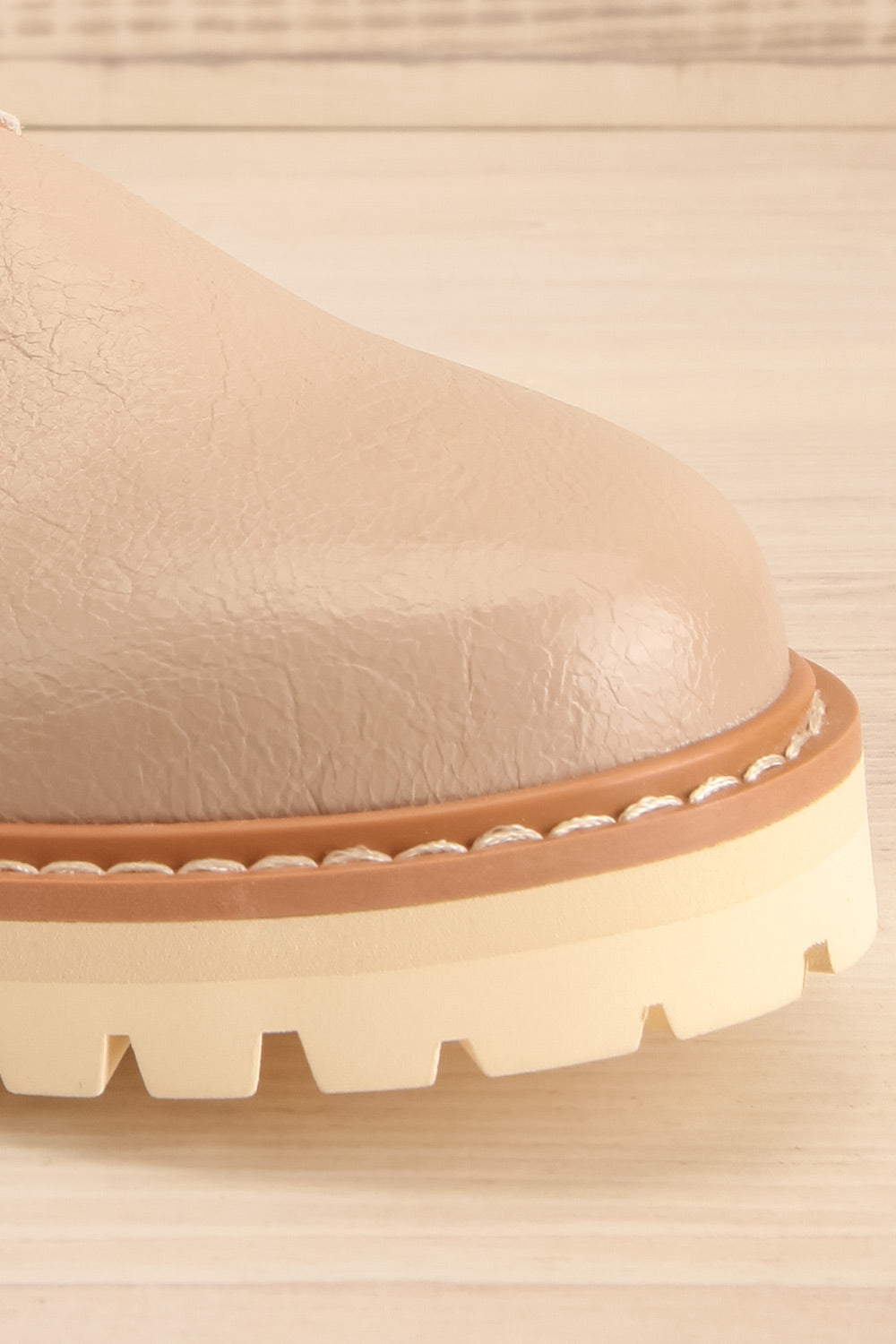 Beatrisse Beige Faux-Leather Loafers | La petite garçonne front close-up