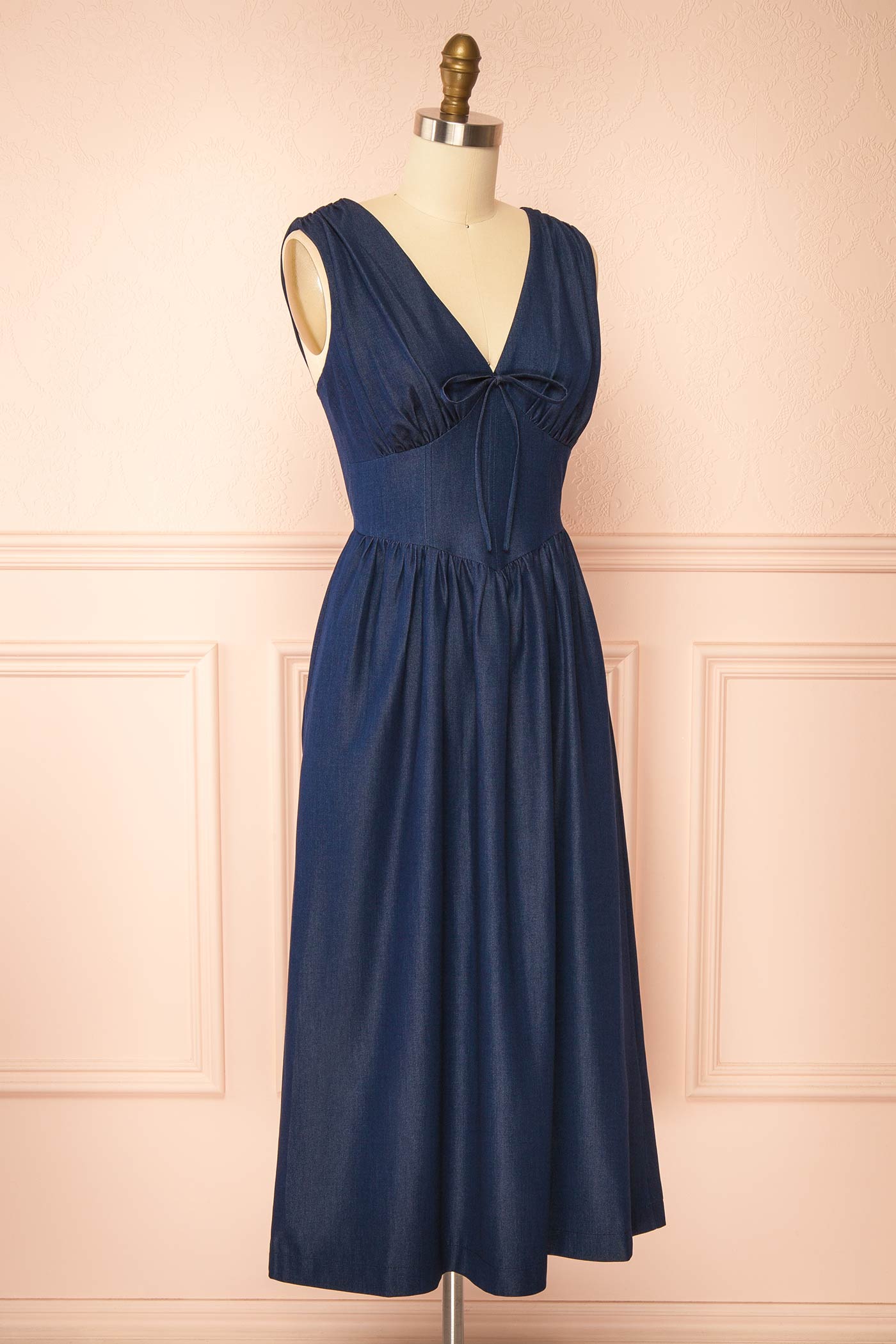 Begonia Blue Denim Midi Dress with Bow and Pockets | Boutique 1861 side 