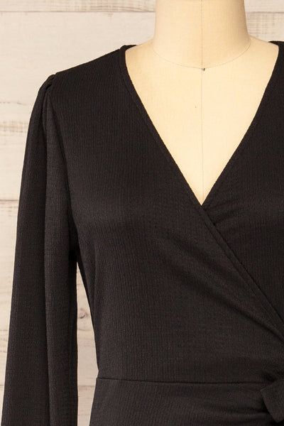 Belfort Black Textured Wrap Midi Dress | La petite garçonne front close-up