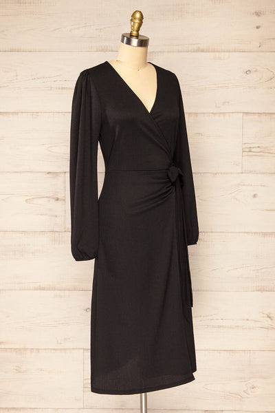 Belfort Black Textured Wrap Midi Dress | La petite garçonne side view
