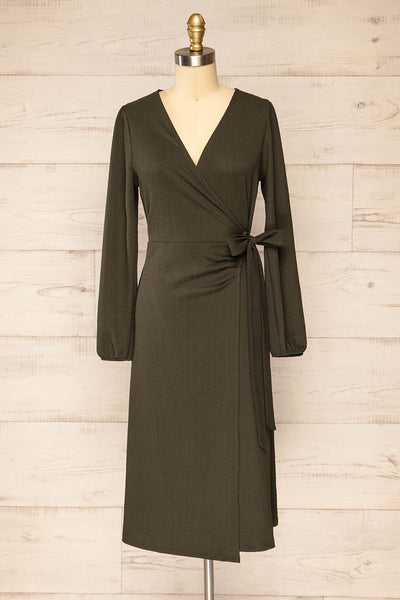 Belfort Green Textured Wrap Midi Dress | La petite garçonne front view