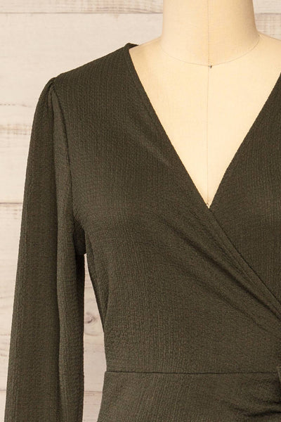 Belfort Green Textured Wrap Midi Dress | La petite garçonne front close-up