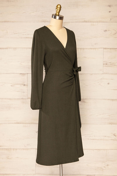 Belfort Green Textured Wrap Midi Dress | La petite garçonne side view