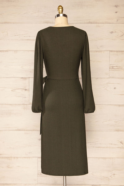 Belfort Green Textured Wrap Midi Dress | La petite garçonne back view