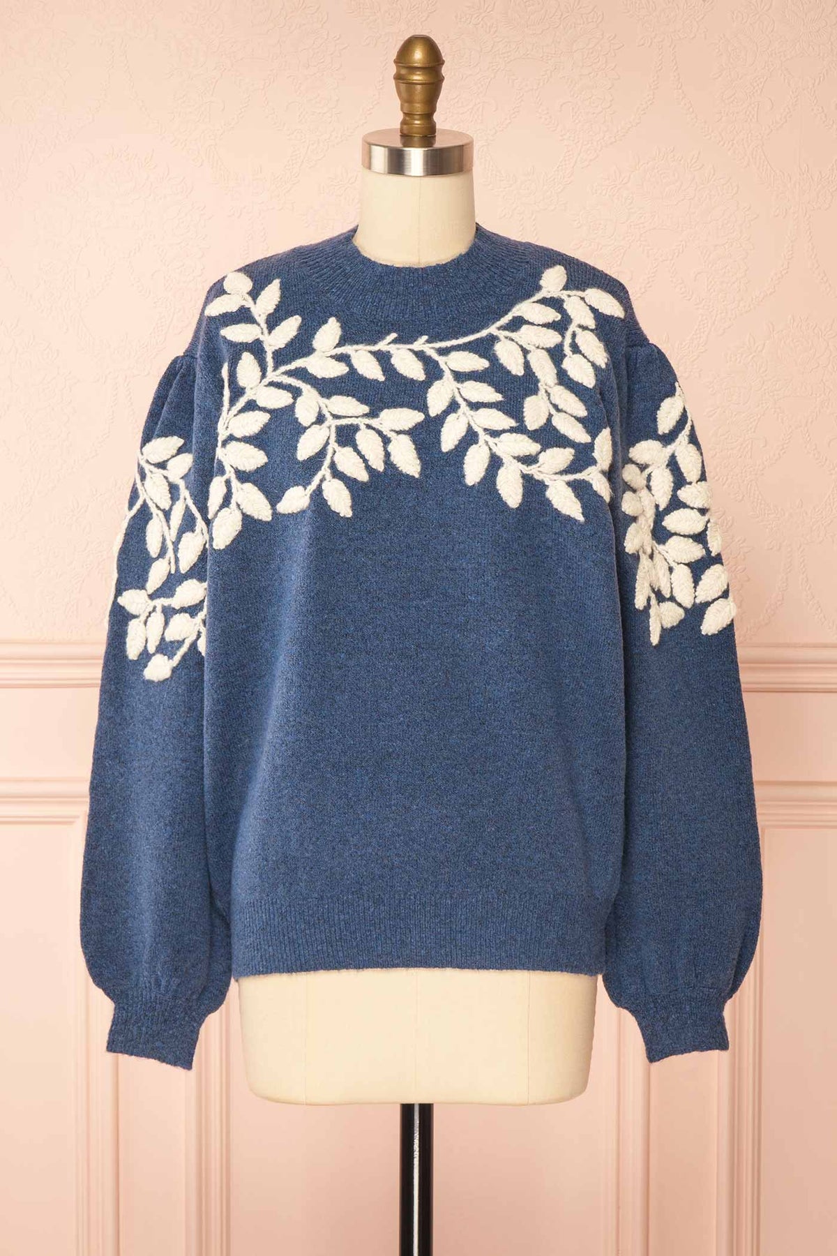 front view of Bellanie Blue Embroidered Leaf Knit Sweater at La petite garçonne