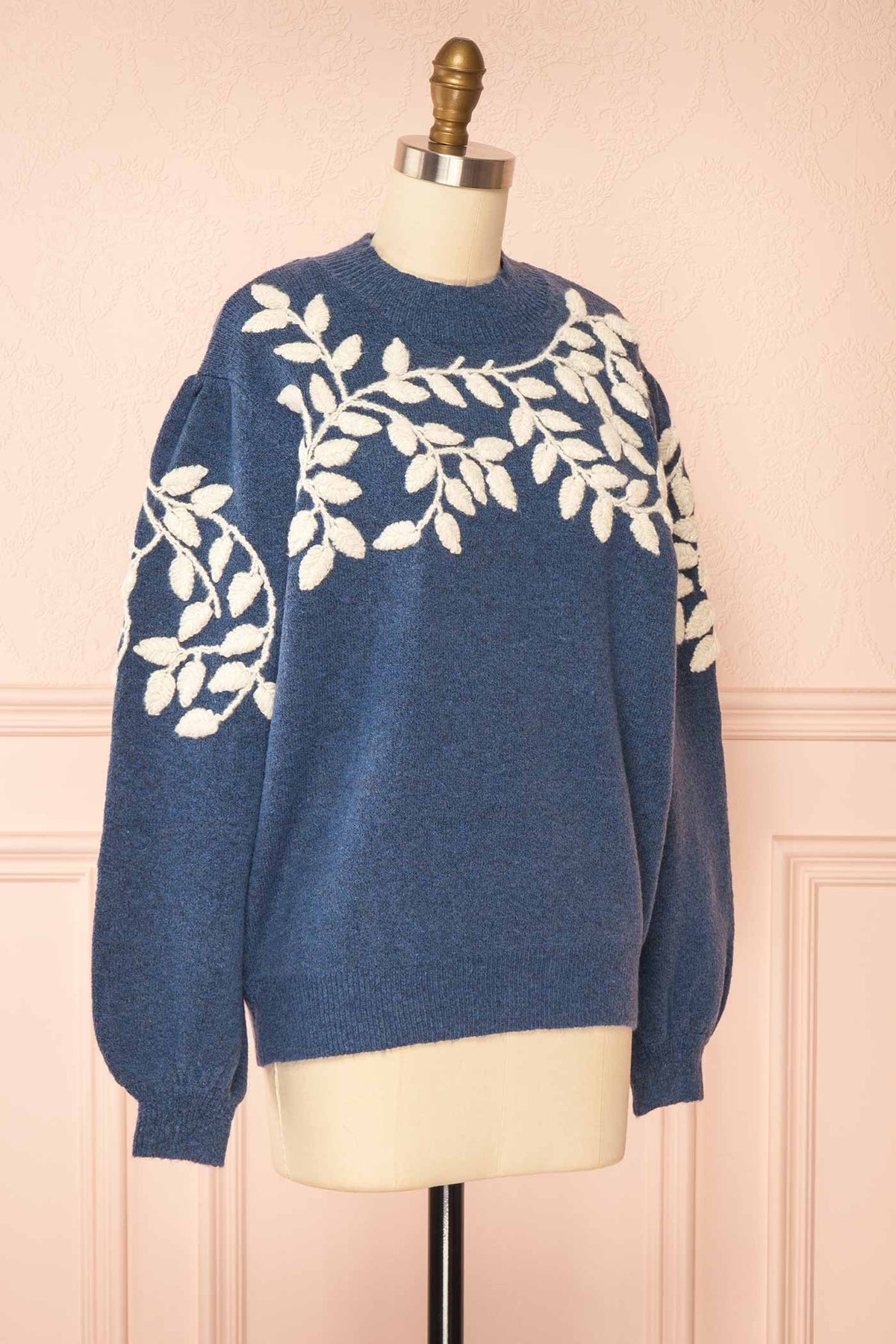 side view of Bellanie Blue Embroidered Leaf Knit Sweater at La petite garçonne
