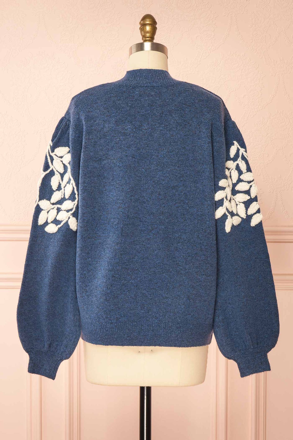 back view of Bellanie Blue Embroidered Leaf Knit Sweater at La petite garçonne