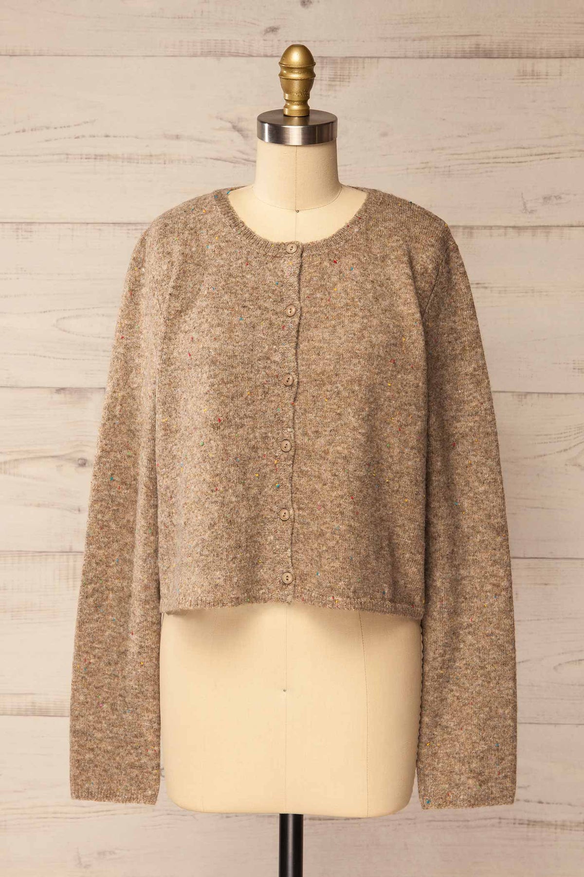 front view of Belleoram Taupe Knit Cardigan with Colourful Flecks at La petite garçonne