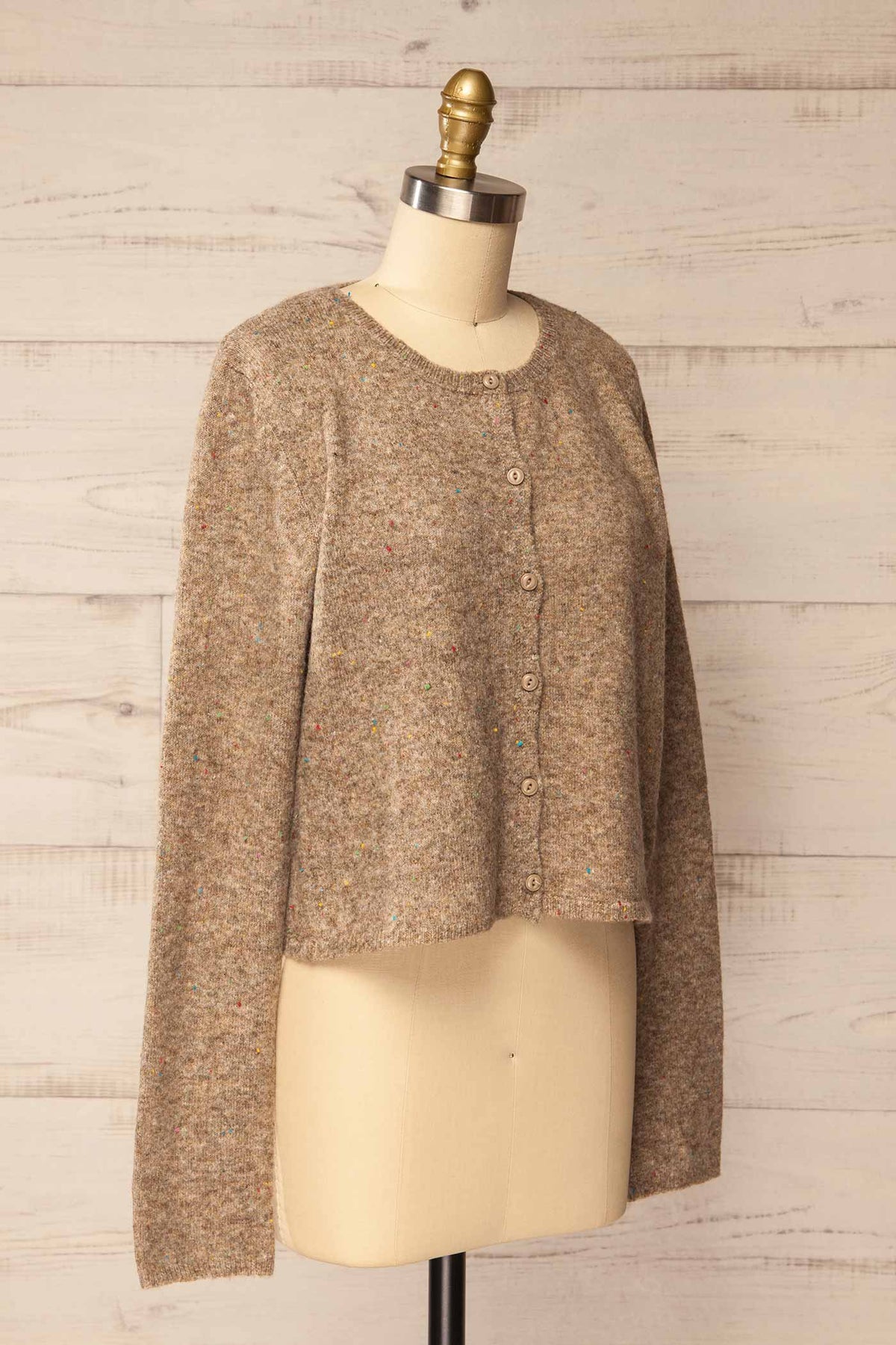 side view of Belleoram Taupe Knit Cardigan with Colourful Flecks at La petite garçonne