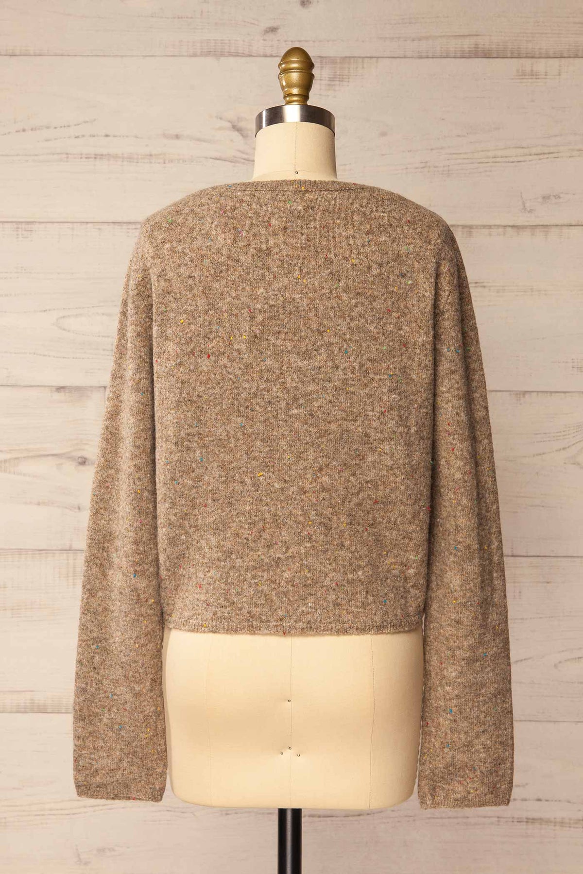 back view of Belleoram Taupe Knit Cardigan with Colourful Flecks at La petite garçonne