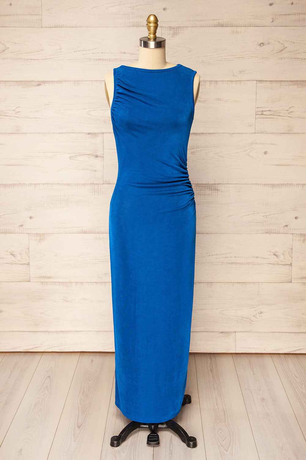 Belleville Sleeveless Ruched Maxi Blue Dress | La petite garçonne front view