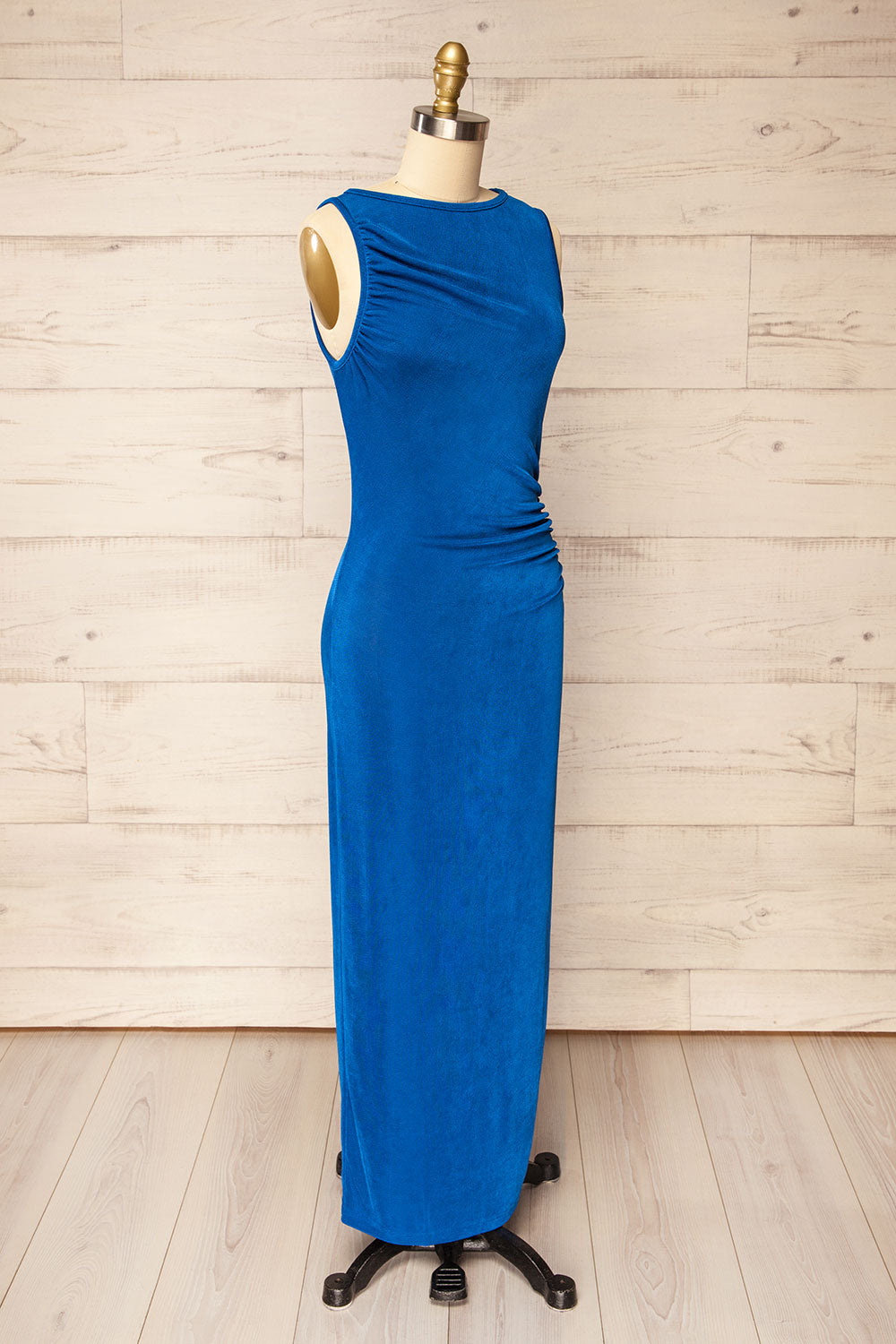 Belleville Sleeveless Ruched Maxi Blue Dress | La petite garçonne side view