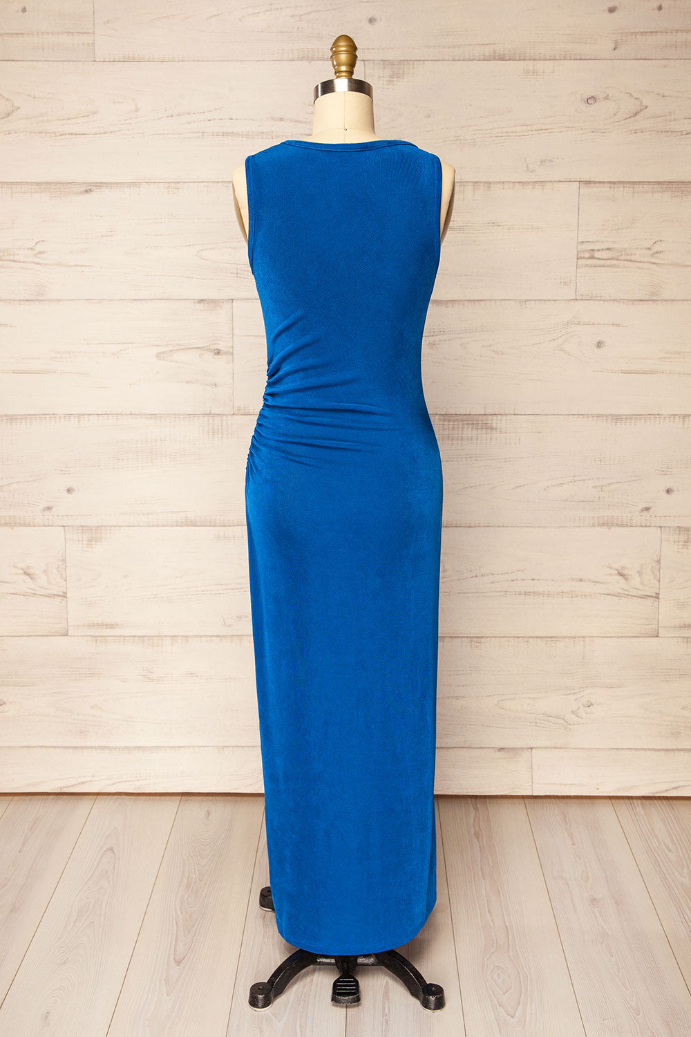 Belleville Sleeveless Ruched Maxi Blue Dress | La petite garçonne back view