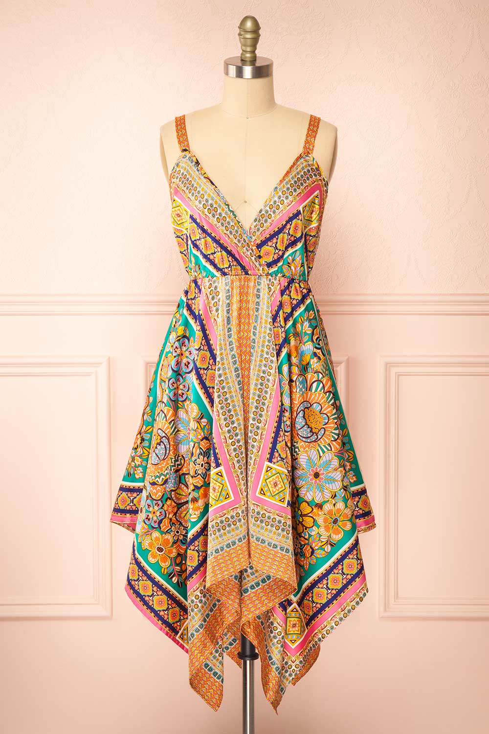 Bellina Short Colourful Satin Dress w/ Asymmetrical Hemline | Boutique 1861