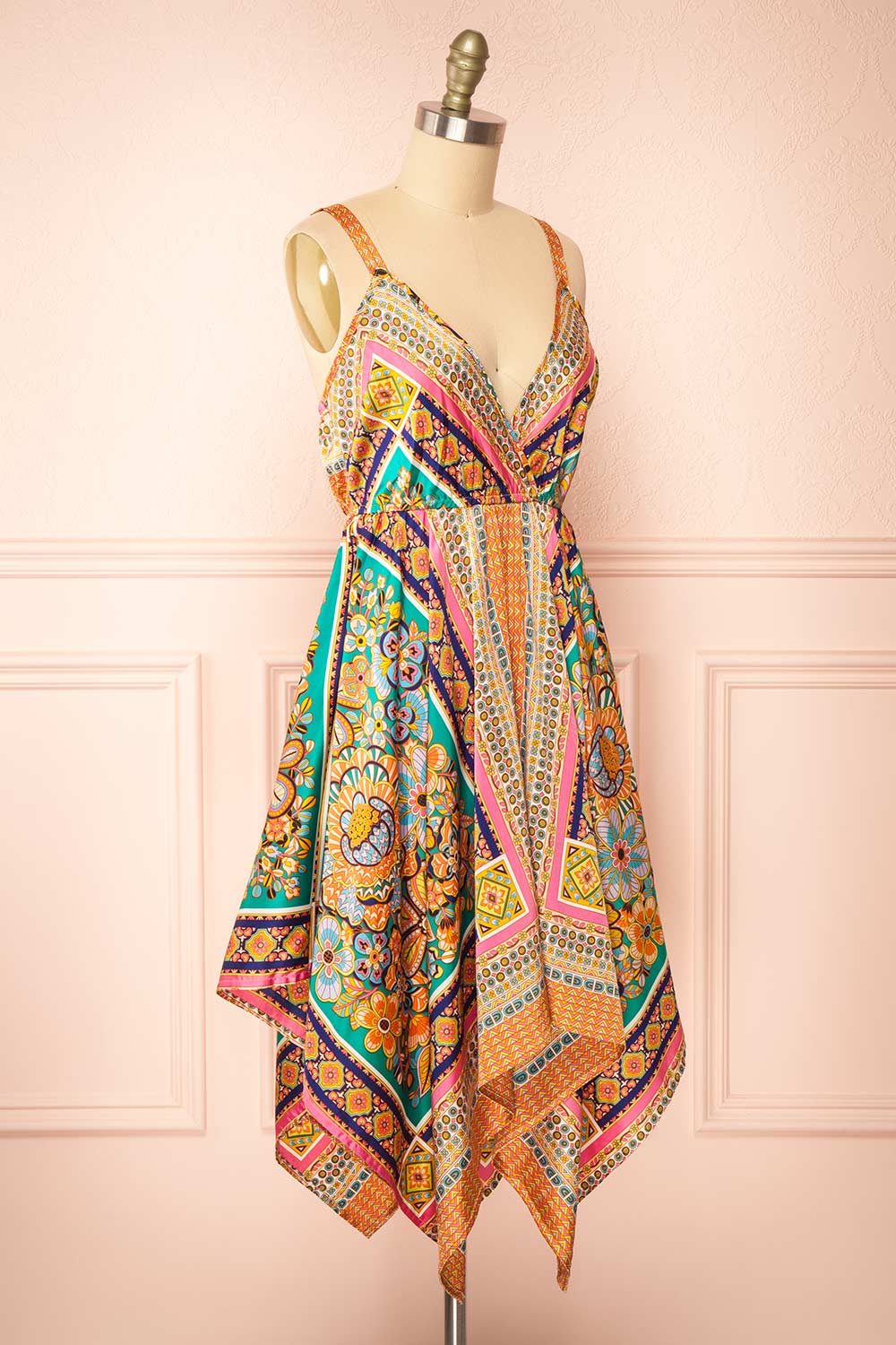 Bellina Short Colourful Satin Dress w/ Asymmetrical Hemline | Boutique 1861 side view