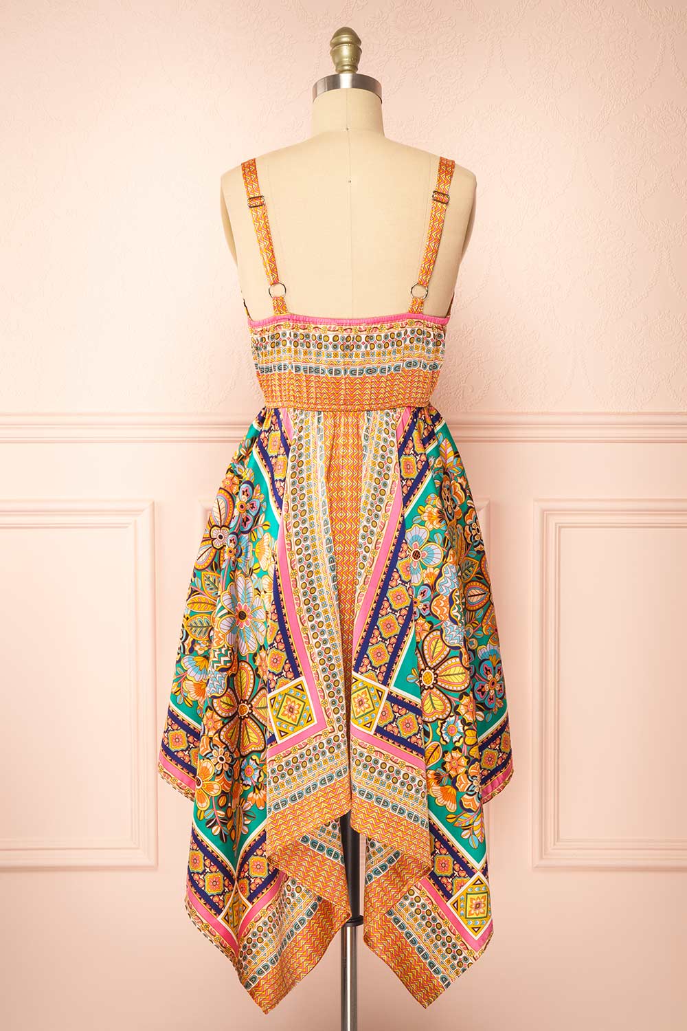 Bellina Short Colourful Satin Dress w/ Asymmetrical Hemline | Boutique 1861 back view