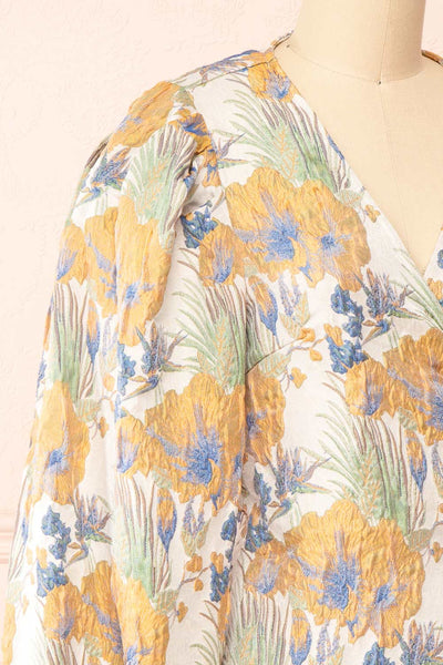 Belova Short Floral Jacquard Wrap Dress | Boutique 1861 side close-up