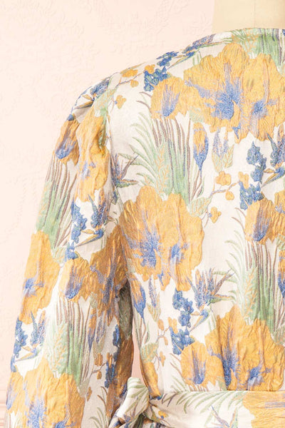 Belova Short Floral Jacquard Wrap Dress | Boutique 1861  back close-up
