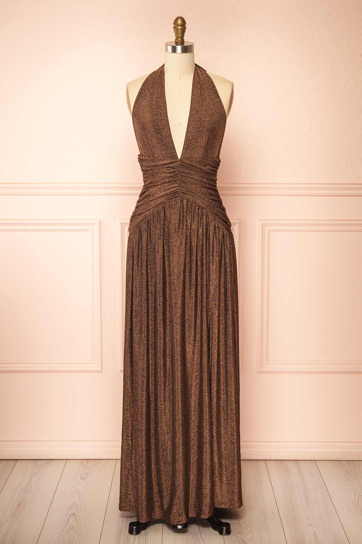 front view of Belva Brown Shimmery Halter Maxi Dress with High Slit at Boutique 1861