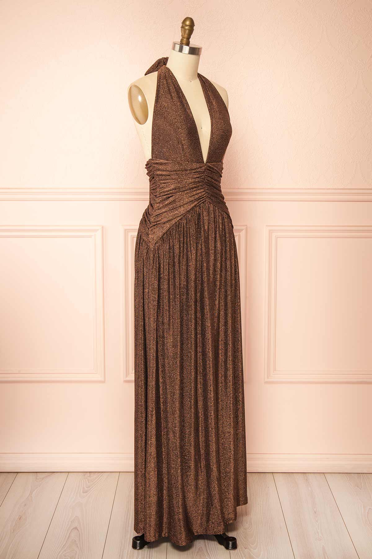 side view of Belva Brown Shimmery Halter Maxi Dress with High Slit at Boutique 1861