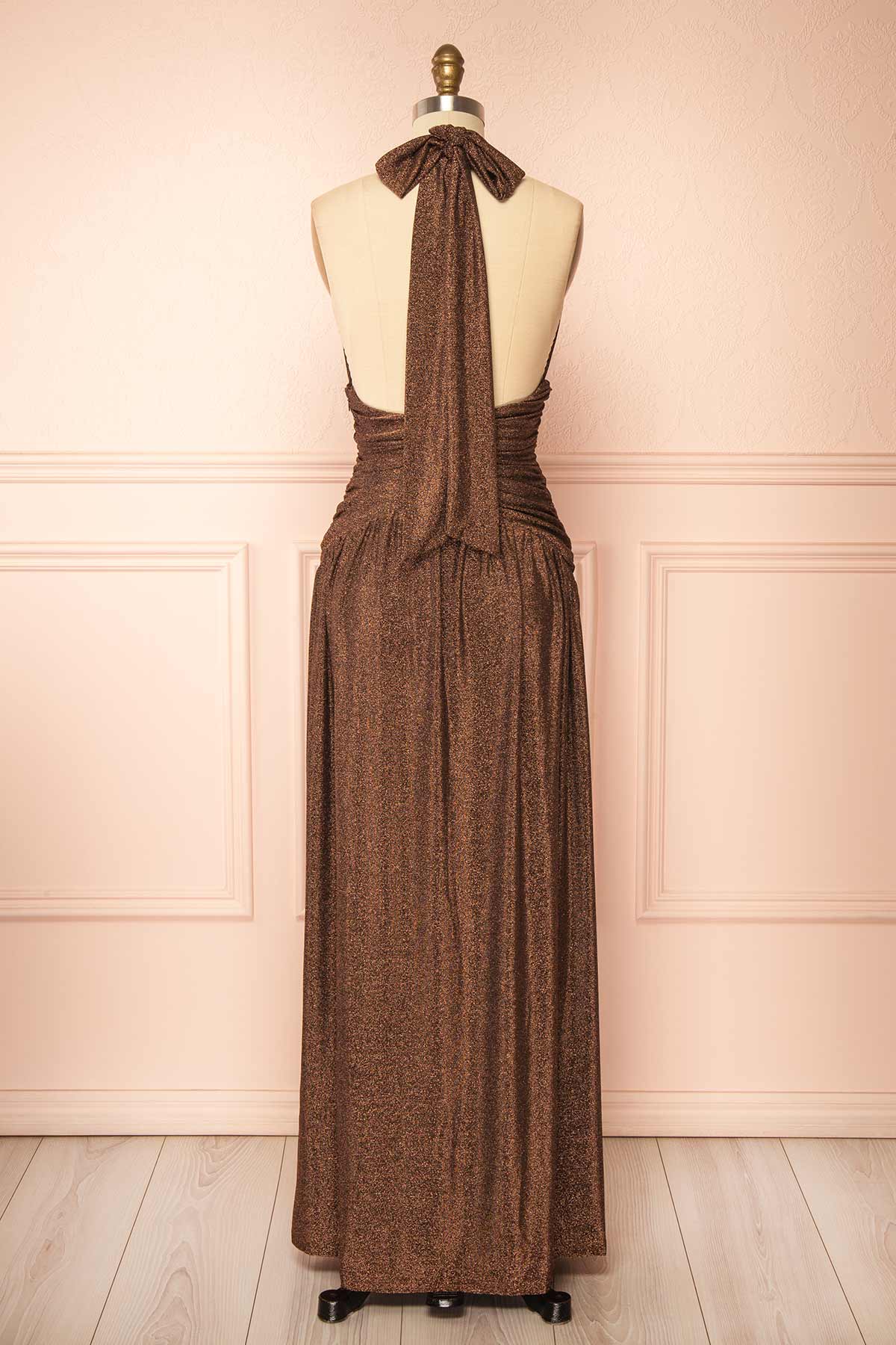 back view of Belva Brown Shimmery Halter Maxi Dress with High Slit at Boutique 1861