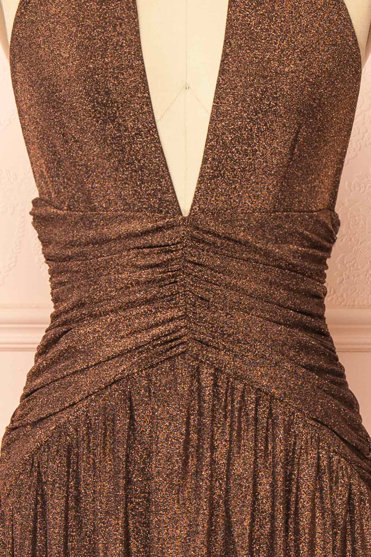 fabric view of Belva Brown Shimmery Halter Maxi Dress with High Slit at Boutique 1861
