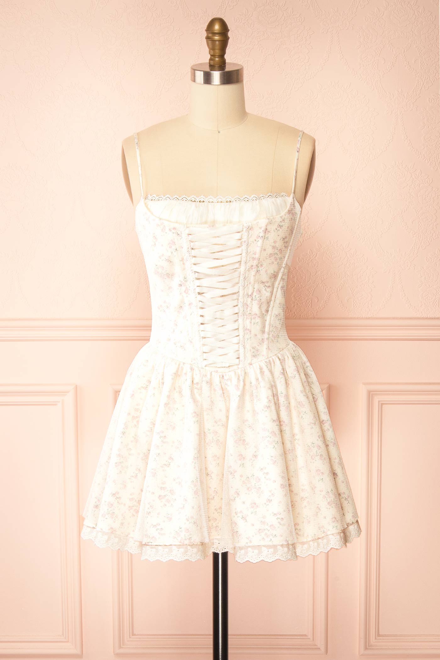 Belvina Short Ivory Corset Dress with Lace Trims | Boutique 1861 front view