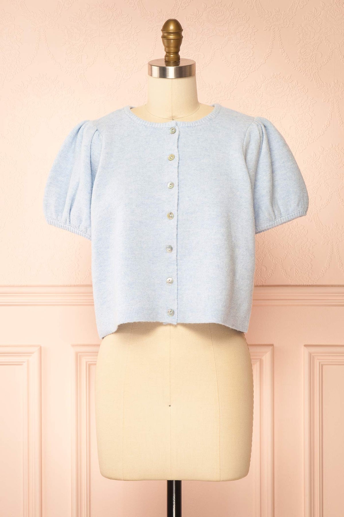 front view of Belza Blue Short Sleeve Puff Sleeve Cropped Knit Cardigan at Boutique 1861