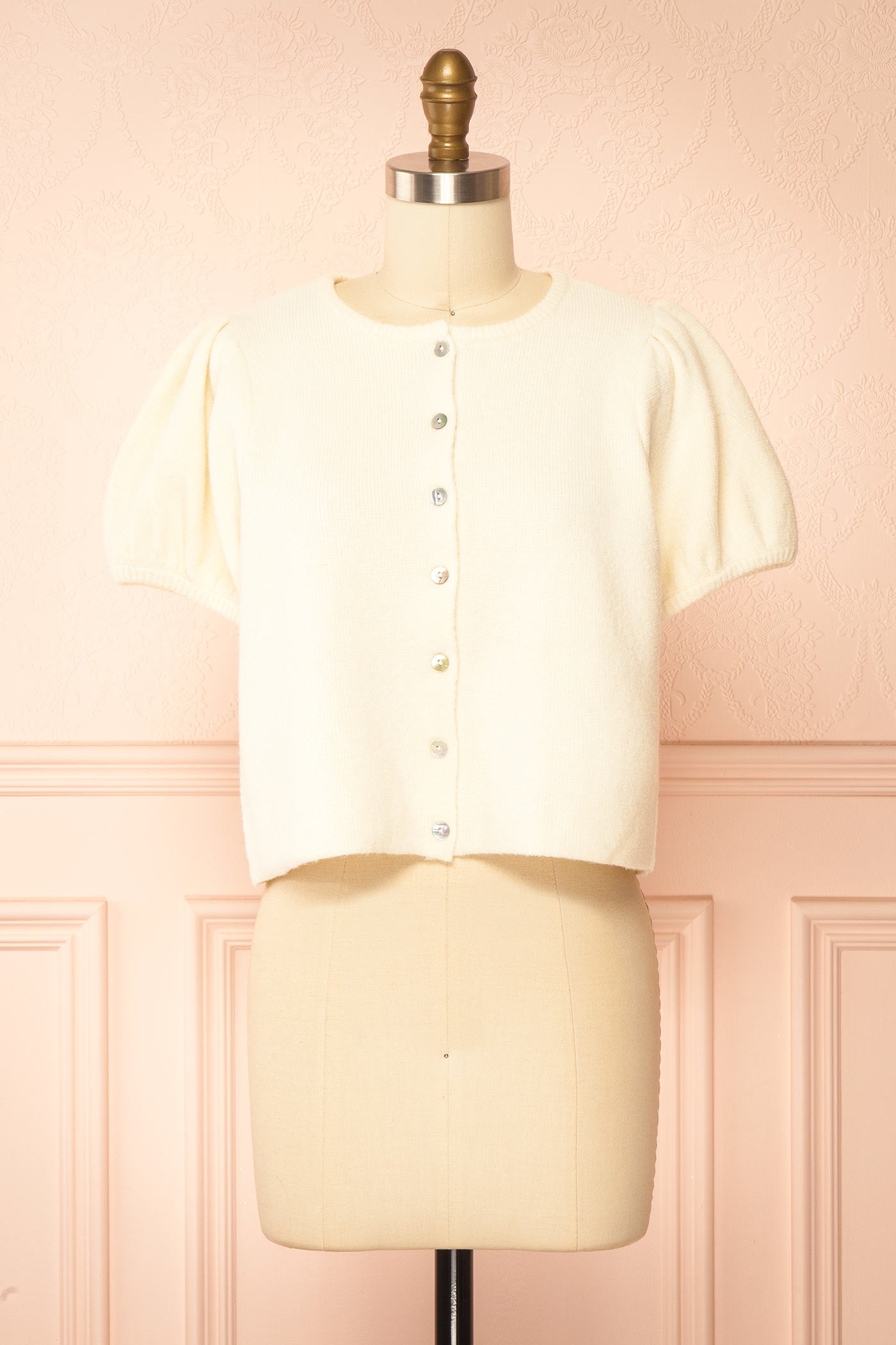 Belza Ivory Short Sleeve Puff Sleeve Cropped Knit Cardigan