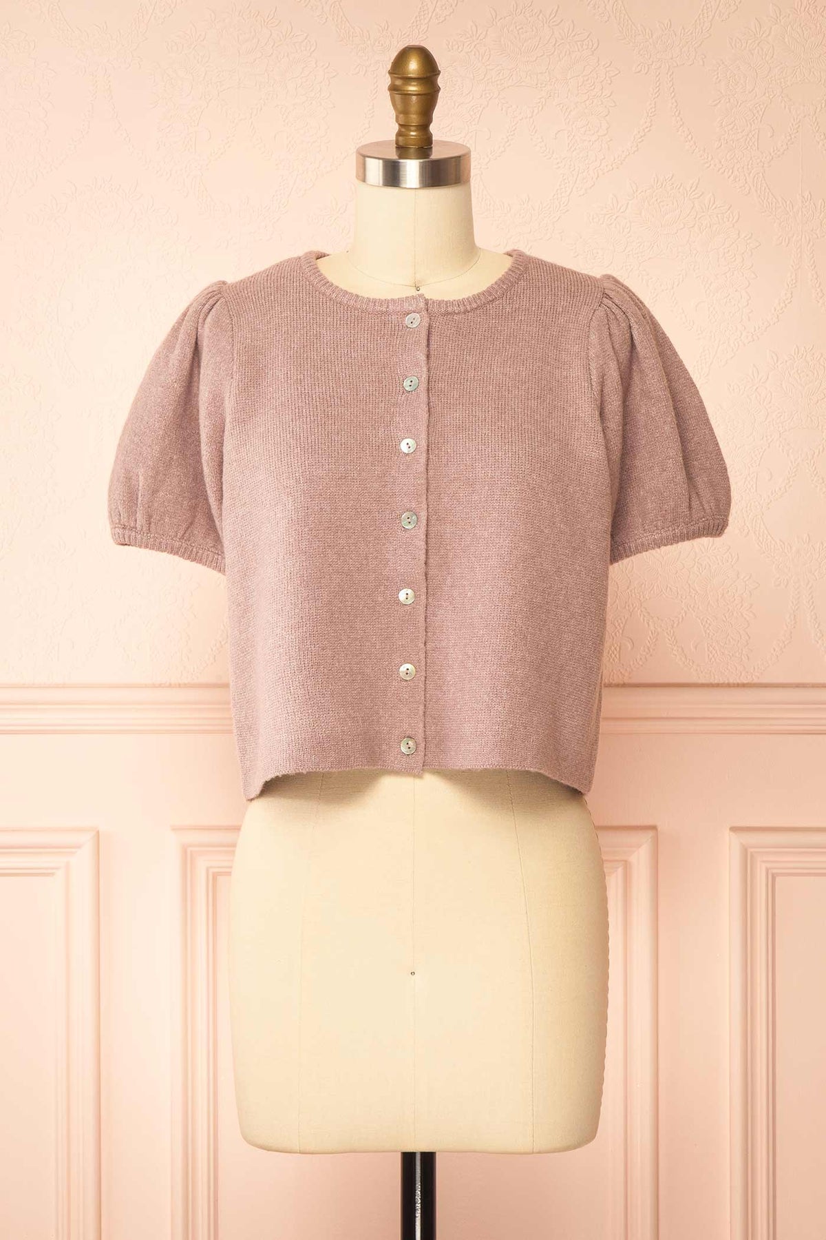 front view of Belza Mauve Short Sleeve Puff Sleeve Cropped Knit Cardigan at Boutique 1861