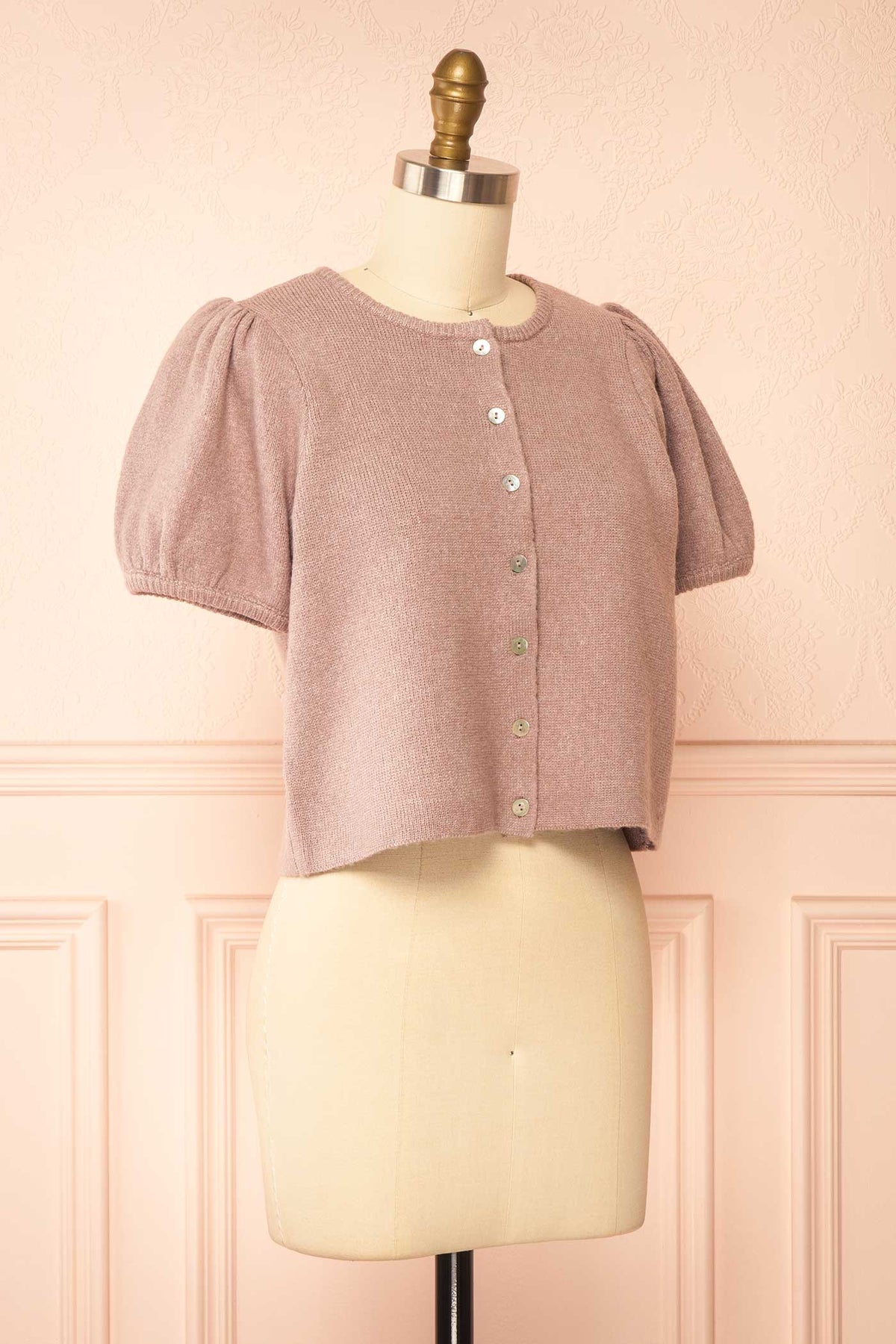 side view of Belza Mauve Short Sleeve Puff Sleeve Cropped Knit Cardigan at Boutique 1861