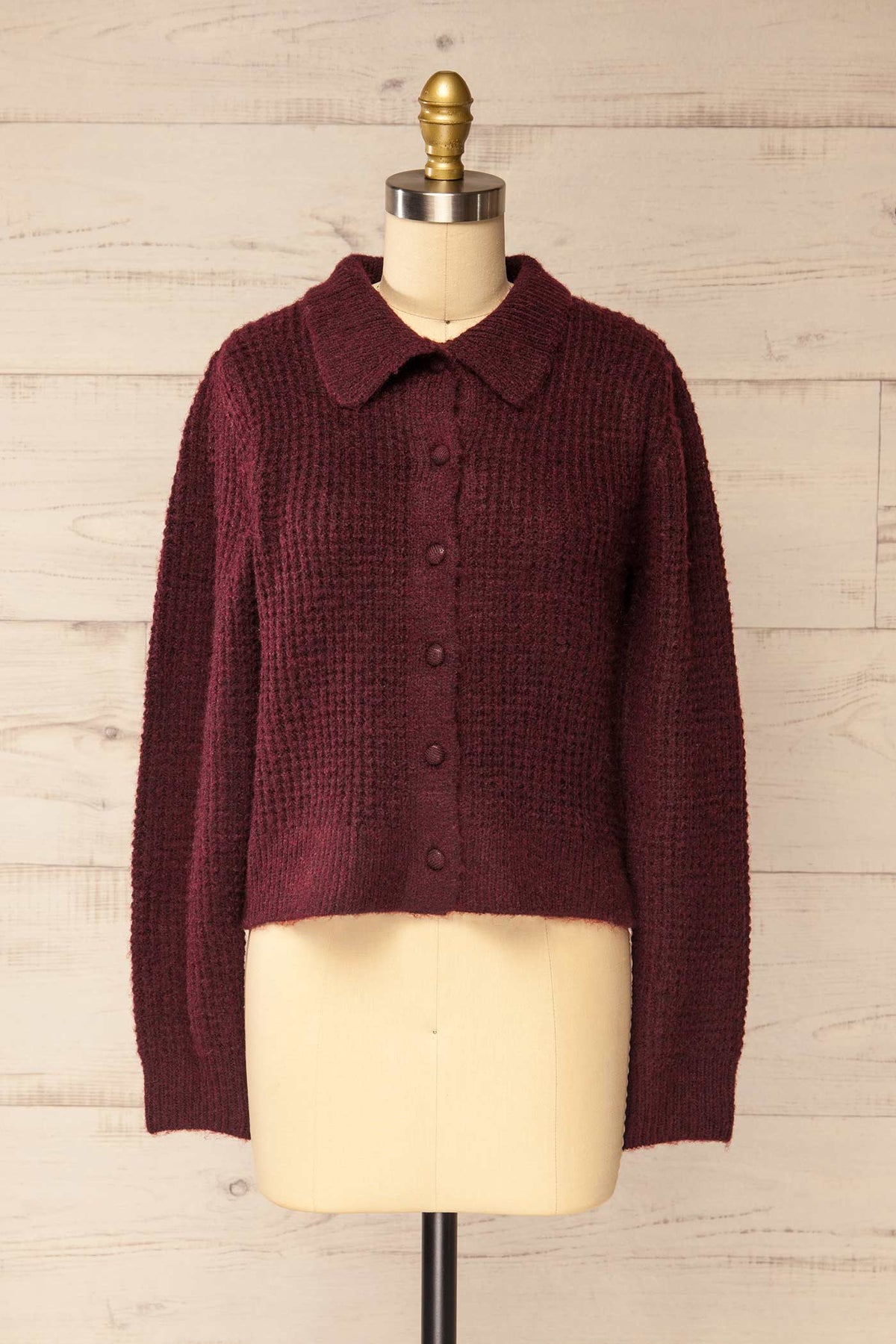 front view of Bercien Burgundy Waffle-Knit Cardigan with Shirt Collar at La petite garçonne