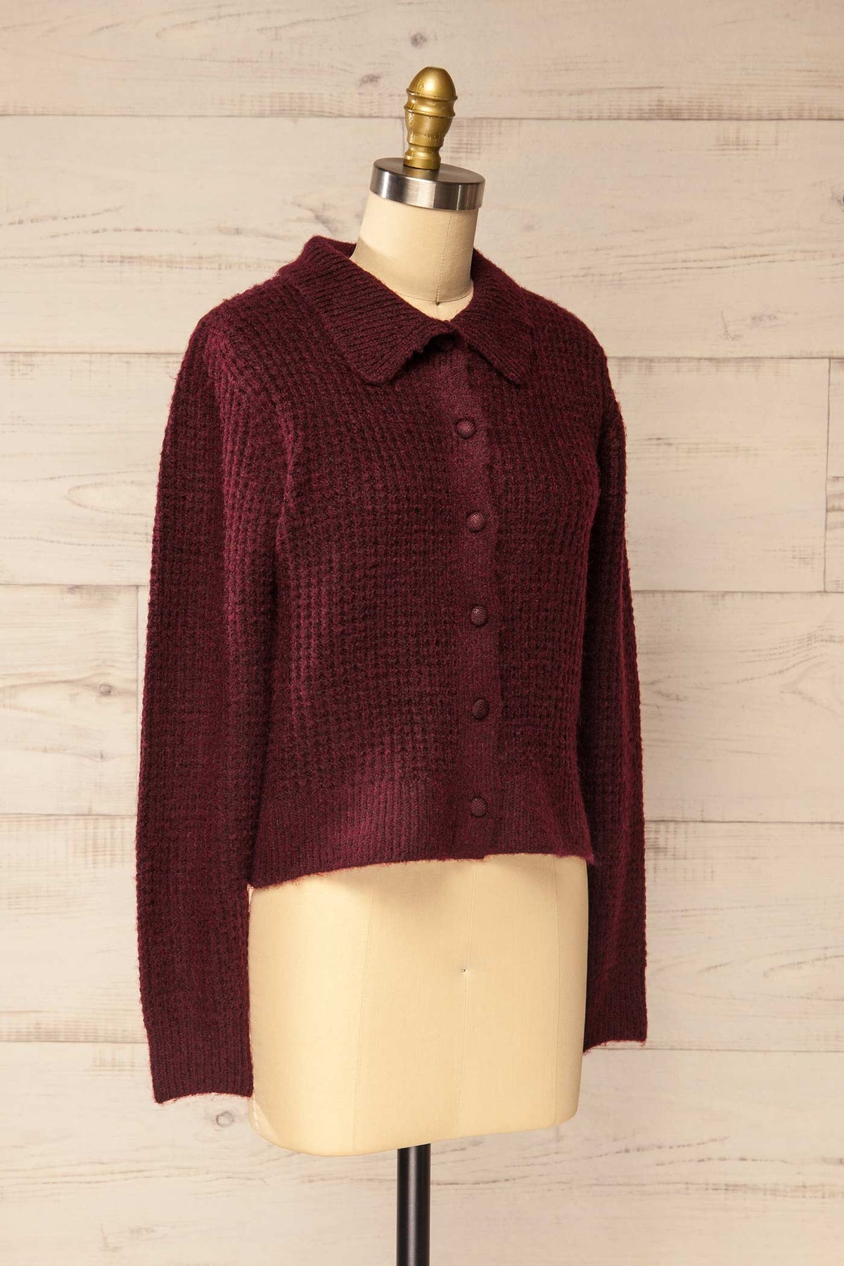 side view of Bercien Burgundy Waffle-Knit Cardigan with Shirt Collar at La petite garçonne