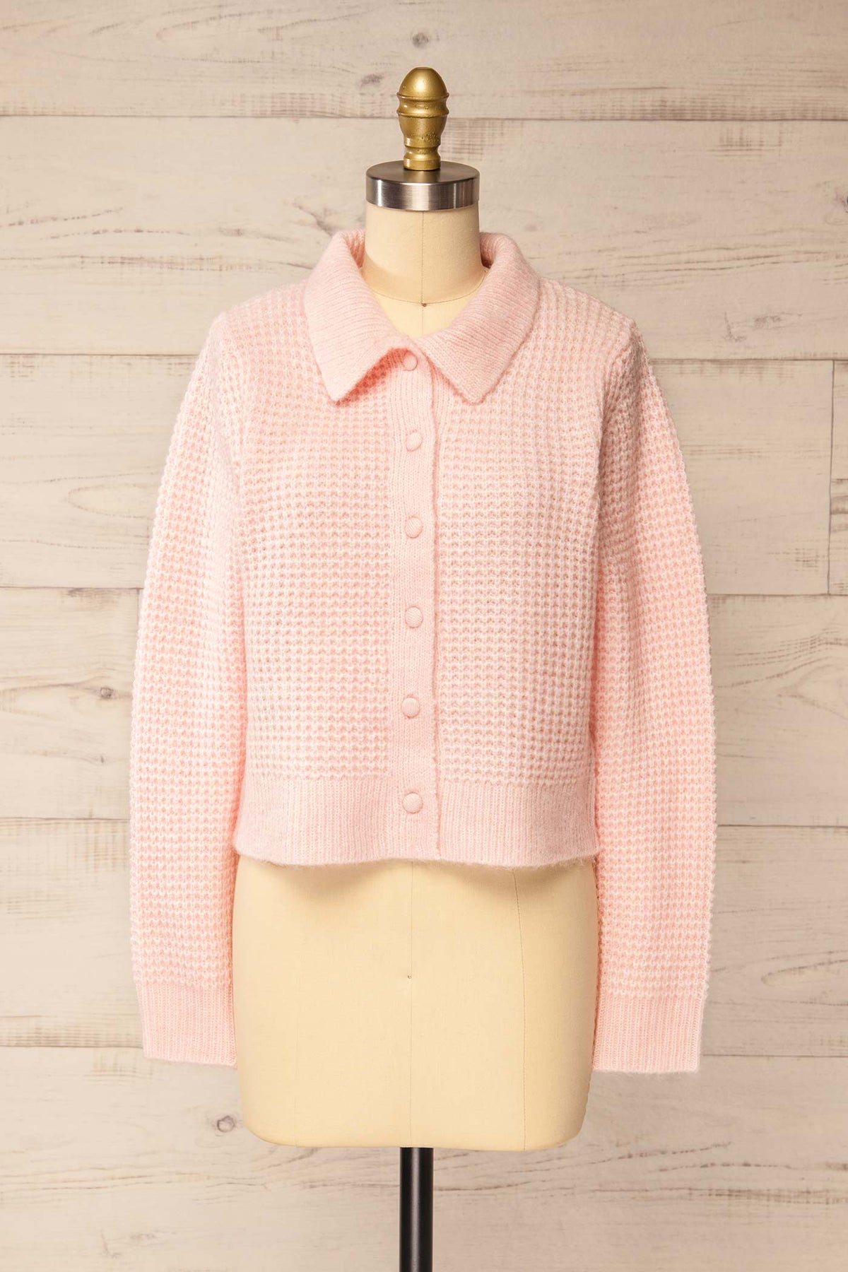 front view of Bercien Pink Waffle-Knit Cardigan with Shirt Collar at La petite garçonne